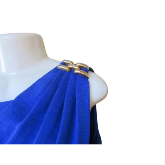 Kay Unger New York Blue/Purple Draped Shoulder Dress Size 10 With Gold Accents - Picture 3 of 6